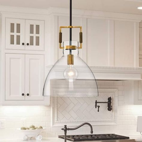 Oil Rubbed Bronze and Antique Gold 1-Light Clear Bowl Glass Pendant - Bed Bath & Beyond - 32806192 Clear Bowls, Brushed Bronze, Lighting Store, Ceiling Lighting, Kitchen Lighting, Shoe Storage, Glass Pendant, Oil Rubbed Bronze, Glass Pendants