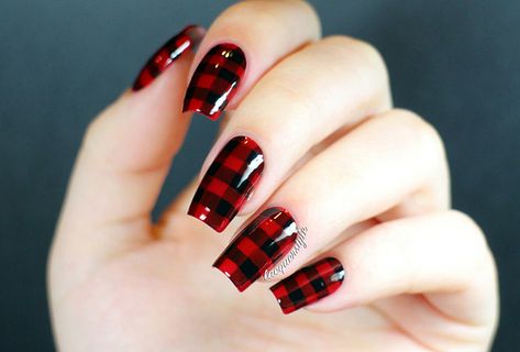 Red & Black Lumberjack Plaid Nails Plaid Nail Designs, Plaid Nail Art, Red Nail Art Designs, Lumberjack Plaid, Red Nail Art, Plaid Nails, Nail Polish Art, Red Nail Designs, Beautiful Nail Designs