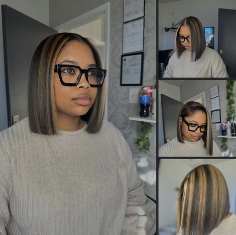 Bob Hairstyles For Black Women Highlight, Black Bob With Highlights Black Women, Bob With Blonde Streak, Fall Hair With Bangs, Bob With Highlights Black Women, Short Hairstyles For Girls, Beautiful Short Hairstyles, Burgundy Bob, Braided Space Buns