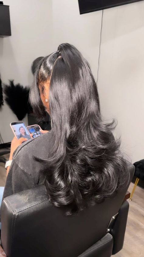 Prom Hairstyle Half Up Half Down, Silk Press Half Up Half Down, Half Down Half Up Hairstyles Black Women, Half Up Half Down Black Hair, Half Up Half Down Hair Sew In, Half Up Half Down With Side Bang, Sew In Half Up Half Down, Cute Half Up Half Down Hair Styles, Half Up Half Down Black Women