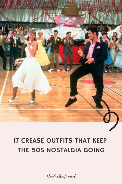 Two individuals dancing in retro 1950s attire at a themed event with onlookers in the background and text overlay about 50s outfits. Grease Outfits Ideas, Sandra Dee Grease, Greaser Costume, Grease Style, Grease Outfits, Grease Party, Prom Night Dress, Pink Ladies Jacket, Boys Leather Jacket