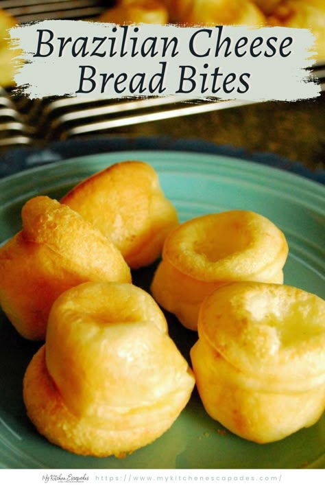 Brazilian Cheese Bread Bites on a green plate Brazilian Tapioca Bread, Recipes That Use Tapioca Flour, Tapioca Flour Bread, Brazillian Cheesy Bread, Brazilian Cheese Bread Gluten Free, Tapioca Flour Recipes, Brazilian Bread, Gouda Cheese Recipes, Brazilian Cheese Puffs