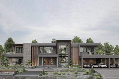 Korea Luxury House, Mid Century Mansion Exterior, Modern Villa Bloxburg, Mansion Architecture, Luxury House Exterior, Mid Century Mansion, House Inspiration Exterior, Modern Mansion Exterior, Dark Modern