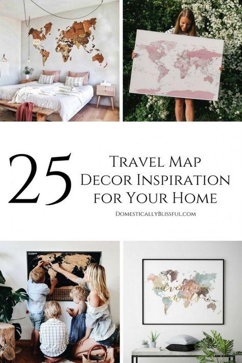 25 travel map decor inspiration for your home to help you remember your travel adventures & favorite vacation memories. | Travel map ideas and travel map decor for your home. | Travel Map pictures to hang in your house. Travel Map Aesthetic, Travel Map Ideas, Domestically Blissful, Travel Photos Display, Maps Aesthetic, Map Ideas, Road Trip Map, Diy Travel Journal, Map Pictures