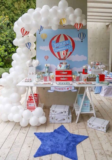 Sweet Table from a Hot Air Balloon Birthday Party via Kara's Party Ideas | http://KarasPartyIdeas.com (14) Hot Air Ballon Party, Hot Air Balloon Birthday Party, Hot Air Balloon Birthday, Air Balloon Birthday, Diy Hot Air Balloons, Hot Air Balloon Cake, Hot Air Balloon Party, Balloon Birthday Party, Ballon Party