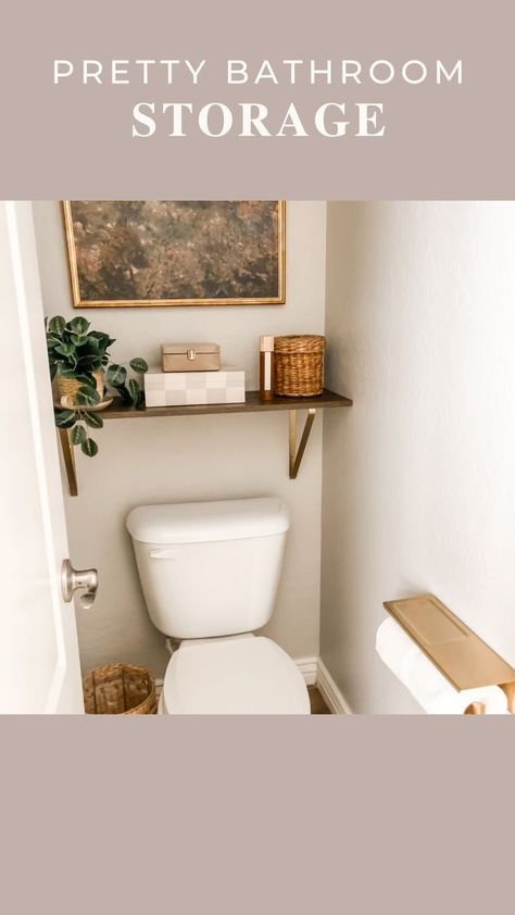 Adding a shelf behind my toilet gave me a place to stash feminine products and other toiletries so they’re easy to grab and easy to conceal. (The purple, green, and orange product packaging wasn’t really the vibe I was going for, know what I mean?!) 😉 I don’t think EVERY piece of decor needs a functional purpose, but when it does, it’s even better! 🙌🏻 #watercloset #bathroominspiration #bathroomideas #bathroomorganization | Somewhat Simple | Booker T. · Green Onions Shelves Behind Toilet, Water Closet Makeover, Half Bathroom Decor Ideas, Bathroom Cleaning Tips, Toilet Closet, Shelves Above Toilet, Half Bathroom Decor, Shelves Over Toilet, Feminine Products