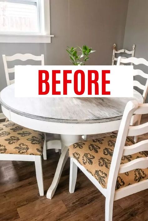 We love this dining table upcycle project. Check out the before and after dining table chairs upgrade for cheap with DIY painting kit. Furniture flips are a great way to decorate your dining room on a budget. Diy Painted Table And Chairs, Small Kitchen Table Makeover, Repaint Kitchen Table And Chairs, Farmhouse Table And Chairs Makeover, Pedestal Kitchen Table Makeover, Dining Table Upcycle Ideas, Upcycle Dining Table And Chairs, Small Dining Table Diy, Refinishing Dining Room Table And Chairs