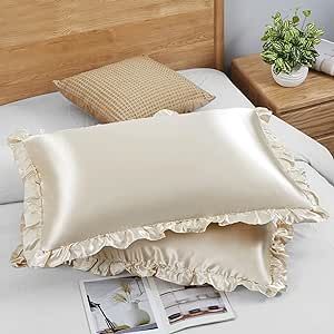 SiinvdaBZX Ruffled Queen Satin Pillowcase Set of 2, Beige Silky Satin Pillow Cases for Women Ruffle Pillow Shams Covers Princess Room Decoration, with Envelope Closure Satin Cushion Covers, Aesthetic Pillow Cases, Silk Pillowcase Aesthetic, Pretty Bed, Ruffle Pillow Case, Princess Room Decor, Academia Room, Pretty Bedding, Room Retro