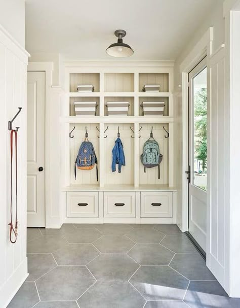 50 DIY Mudroom Ideas » Lady Decluttered Mudroom Near Kitchen, New Build Mudroom, Open Mudroom To Kitchen, Build In Mudroom, Mudroom Storage Built In, Mudroom From Garage To House, Mud Room With Bathroom, Mudroom In Living Room, Mud Room Backpack Storage