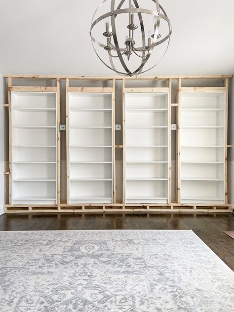 Ikea Bookcases Built In, Billy Bookcase Height Extension, Built In Bookshelves Around Entryway, Built In Bookcases Office, Builtin Bookshelves Living Room, Built In Bookshelves Lighting, Home Library Billy Bookcase, Bedroom Wall Bookshelves, French Country Built In Bookshelves