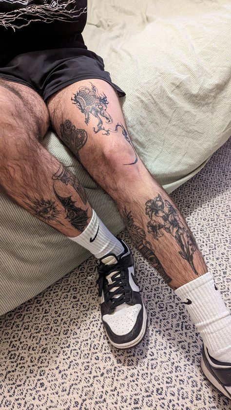 Tattoos With Elephants, Dragon Leg Tattoo Men, Man Leg Tattoo, Blackwork Tattoo Men, Legs Tattoo Men, Men’s Leg Tattoo, Thigh Tattoos Men, Tattoo Leg Men, Leg Tats Men