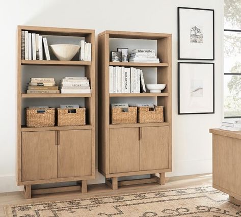 Portola Collection | Pottery Barn Family Room Organization, Decorative Bookshelves, Bookcase With Doors, Office Bookshelves, Bookcase With Drawers, Ranch Decor, Office Bookcase, Tall Bookcases, Office Guest Room