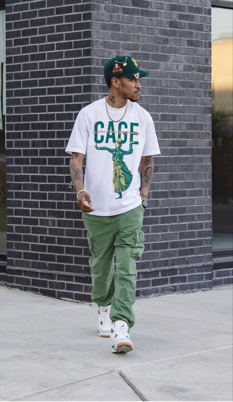 White And Green Outfits Men, Feid Concert Outfits Men Green, Green And White Men Outfit, Green Streetwear Aesthetic, J4 Pine Green Outfit, Pine Green Jordan 4 Outfit Men, Green And Yellow Outfit Men, Green Fitted Hat Outfit Men, Dark Green Fits Men