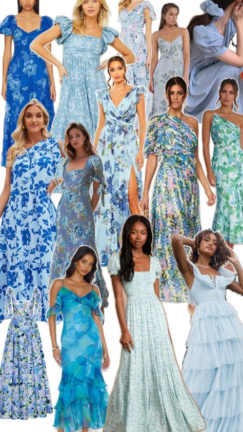 Blue Bridesmaids Dresses for garden party wedding, wildflower spring wedding inspiration aesthetic collage, floral blue bridesmaid dress Blue Floral Bridesmaids, Floral Bridesmaids, Blue Bridesmaids Dresses, Floral Bridesmaid Dresses, Floral Bridesmaid, Blue Bridesmaid Dress, Spring Wedding Inspiration, Inspiration Aesthetic, Garden Party Wedding