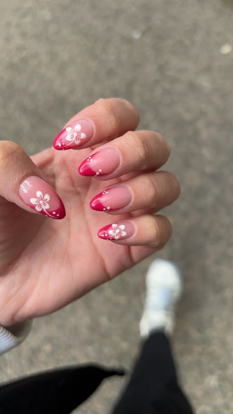 Pink french tip with white hibiscus flower nail art 🌺 #nailsofinstagram #nailaesthetic #frenchtipnails #hibiscus #hibiscusflower #naildesign #nailsoftheday Aesthetic Nails Flower, Cute Nails Flowers Simple, Aloha Flower Nails, Vacation Pink Nails, Nail Art Hibiscus Flower, Nail Flower Designs Tutorial, Easy Nail Art French Tips, Hibiscus Flower Nails Tutorial, Pink Hawaii Nails