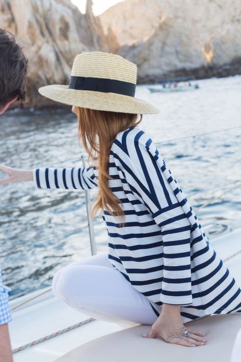 brixton joanna hat and tuckernuck toss designs capri swing sweatshirt in navy and white stripe Wasp Style, Sunset Sailboat, Preppy Closet, Island Chic, Sunset Sailing, Stripy Tops, Preppy Travel, Preppy Life, Boyish Style