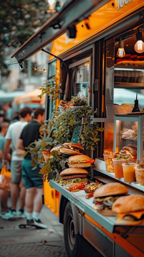 Food Truck Feast: Customers line up at a vibrant food truck serving delicious burgers and refreshing beverages outdoors. #food #truck #street #burgers #customers #outdoor #dining #vibrant #aiart #aiphoto #stockcake https://ayr.app/l/yQhi Food Truck Colors, Festival Food Truck, Food Truck Event, Food Truck Photography, Sandwich Food Truck, Sandwich Street Food, Burger Photoshoot, Food Truck Aesthetic, Burger Pictures