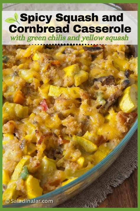 This Squash Casserole features yellow squash, spicy green chilis, corn, leftover cornbread and cheese--a tasty way to eat your veggies. Summer Squash Enchiladas, Scalloped Yellow Squash, Squash Casserole With Meat, Spicy Squash Casserole, Can Squash Recipes, Yellow Squash And Corn Casserole, Yellow Squash Cornbread Casserole, Squash And Cornbread Casserole, Things To Do With Yellow Squash