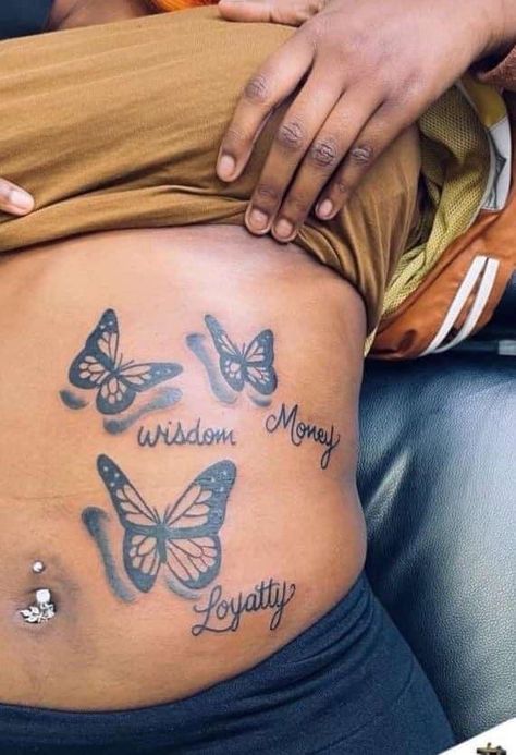 Tattoos For Women Stomach Side, Name Stomach Tattoos, Tattoo On Stomach For Women, Side Burn Tattoos, Female Stomach Tattoos, Cute Shoulder Tattoos, Blessed Tattoos, Cute Thigh Tattoos, Girl Thigh Tattoos