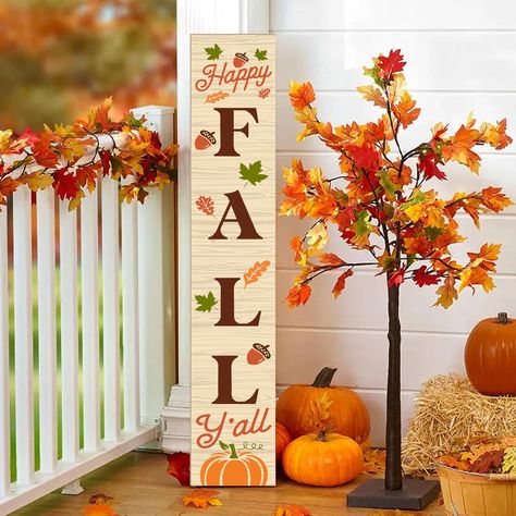 PRICES MAY VARY. Autumn Vibes: Elevate your fall aesthetic with our charming porch decoration. Featuring pumpkins, maple leaves, and pine cones, the "Happy Fall" slogan creates a warm ambiance that'll impress your guests. It's the perfect way to set a cozy tone and extend a heartfelt welcome. Premium Craftsmanship: Crafted from sturdy wood and framed with a 1 cm border, this handcrafted porch board hanging sign boasts vivid printing, a smooth surface, and impeccable edges. It won't fade, break, Fall Outdoor Wood Signs, Fall Front Porch Signs, Porch Decorations For Fall, Fall Outdoor Decor Front Porch, Front Door Hanging Decor, Fall Porch Signs, Fall Outside Decor, Fall Decor Front Porch, Autumn Porch Decor