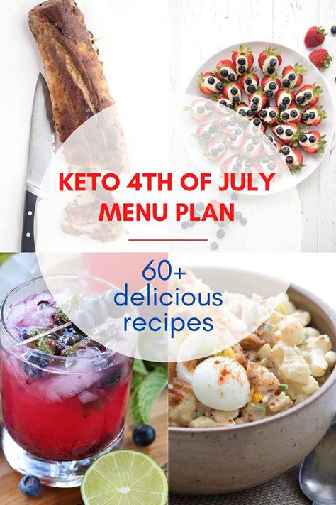 Titled Image: Keto 4th of July Menu Plan with 60+ Delicious Recipe. A collage of recipes in behind the title Fourth Of July Snacks, Fourth Of July Food Ideas, Gluten Free Camping, Keto Menu Plan, Keto Meal Prep Recipes, Keto Creamed Spinach, Grilled Vegetable Salads, Keto Holiday Recipes, Cookout Side Dishes