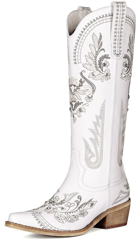 PRICES MAY VARY. 【Retro and Fashion】Lumeheel women's cowgirl boots epitomize the flawless fusion of vintage western and modern fashion, ensuring you stride with confidence and charisma wherever your journey takes you. Wide calf cowboy boots for women boast timeless embroidery designs, sparkling rhinestones, and a classic pointed toe, elevating your style with a captivating blend of vintage charm and modern allure. 【Comfort and Fit】Wide calf cowboy boots provide all-day comfort, they not only fit Bridal Cowgirl Boots, White Cowboy Boots Aesthetic, Wedding Western Theme, White Cowgirl Boots Wedding, Quinceanera Boots, Wedding Cowgirl Boots For Bride, White Boots Wedding, Quince Boots, Wedding Cowboy Boots For Bride