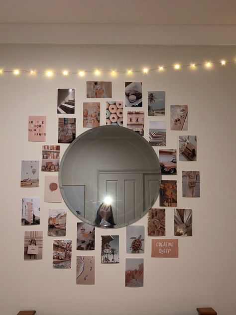 Photo Collage Mirror Frame, Mirror Photo Collage, Small Mirror Decorating Ideas, Photo Wall With Mirror, Instax Wall Ideas, Polaroid Wall Ideas, Polaroid Mirror, Mirror Collage Wall, Hostel Decor