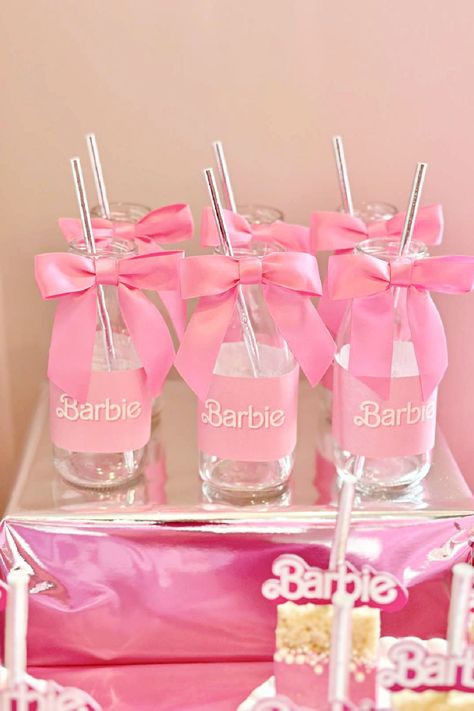 Don't miss this beautiful Barbie-themed birthday party! The bottles are so on trend!! See more party ideas and share yours at CatchMyParty.com Barbie Drink Station, Barbie Candy Bar Ideas, Barbie Party Candy Table, Barbie Sweets Table, Barbie Souvenir Ideas, Barbie Party Favor Barbie, Pink Barbie Candy Table, Kid Friendly Party, Bubble Bottle