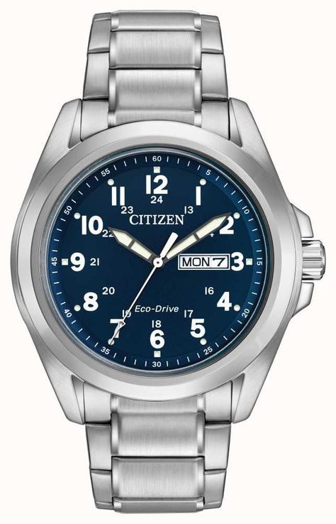 Citizen AW0050-58L - In stock.   The Citizen AW0050-58L is a contemporary twist on the classic, this 3 hands with date watch has a very clean and easy to read dial. the day and date function is a great feature and has highly luminous hands and markers, the glass is scratch resistant. Styled in stainless having a blue dial and whitened accents, Features include 12/24-clock and screw-back case. Water resistant to an impressive 100M.. Official Citizen UK retailer. The Citizen AW0050-58L comes Mens Watches Citizen, Arabic Numbers, Eco Drive Watches, Field Watches, Marco Antonio, Christmas Idea, Citizen Watch, Citizen Eco, Gents Watches