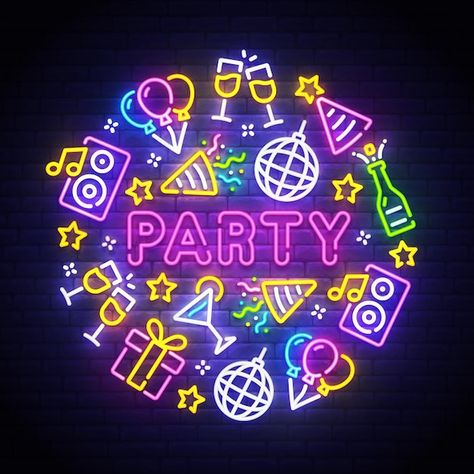 Free vector party neon sign | Free Vector #Freepik #freevector #disco #glow-party #club #night-party Hub Logo, Party Neon Sign, Cool Neon Signs, Space Icons, Party Icon, Party Neon, Neon Birthday, Pop Illustration, Neon Design