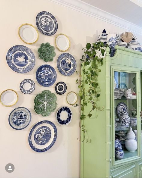 Blue And White Plates On Wall In Kitchen, China Cabinet Display Ideas Dining Room, Plate Gallery Wall, Blue And White Plates On Wall, Antique Upcycle, St Louis Apartment, Blue Green Decor, Wall Plate Decor, Plate Wall Display