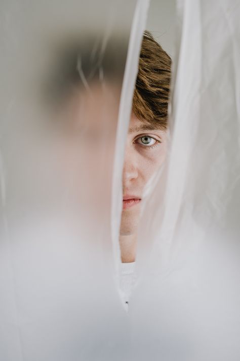 studio portrait with plastic sheeting Plastic Wrap Photography, Plastic Sheet Photography, Creative Studio Portraits, Plastic Photoshoot, Plastic Portrait, Transparent Photography, Studio Portraits Creative, Plastic Photography, Creative Self Portrait Photography