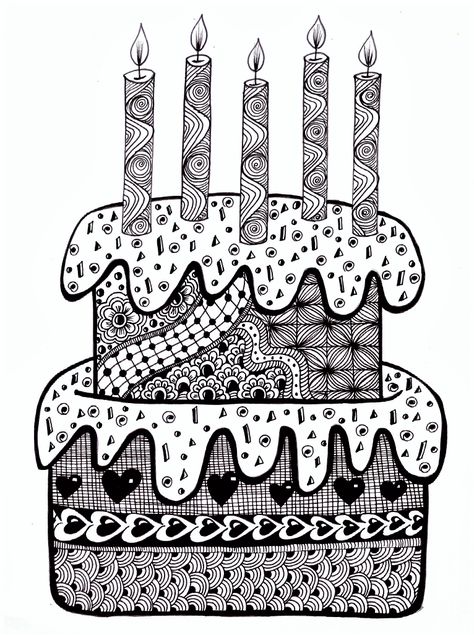 Cake Mandala Art, Zentangle Birthday Cake, Birthday Mandala Art, Birthday Zentangle, Cute Cake Drawing, Diaries Ideas, Candle Doodle, Mandala Cake, Pen Mandala