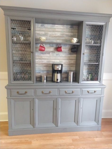 Coffee Bar Made From Old China Cabinet, China Cabinet Refurbished, China Cabinet To Bar, China Cabinet To Coffee Bar, Redone China Cabinet, China Cabinet Bar Makeover, Refurbished China Hutch, China Cabinet Coffee Bar, Painted China Cabinet Ideas