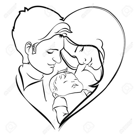 Mother And Baby Paintings, Mother And Child Drawing, Mother Father And Baby, Family Sketch, Child Drawing, Baby Sketch, Black And White Logo, Linear Art, Father And Baby