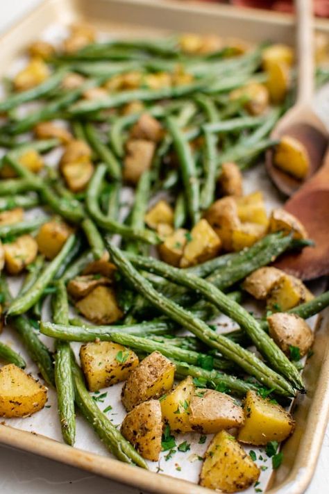 Herb Roasted Green Beans and Potatoes - side dishes #sidedishes Roasted Green Beans And Potatoes Sheet Pan, Easy Green Beans And Potatoes, Oven Potatoes And Green Beans, Roasted Potatoes And Green Beans In Oven, Oven Roasted Green Beans And Potatoes, Sheet Pan Green Beans And Potatoes, Sheet Pan Potatoes And Green Beans, Green Beans And Potatoes In Oven, Green Bean Potato Recipes