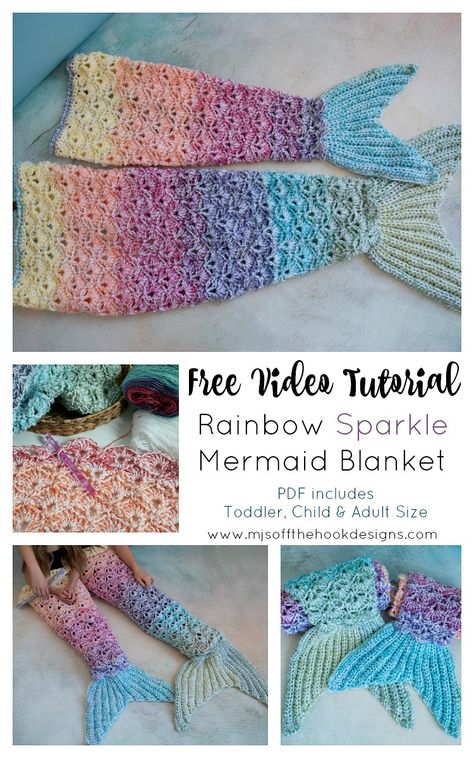 Ravelry: Rainbow Sparkle Mermaid Blanket by MJ's Off The Hook Designs Mermaid Tail Blanket Crochet Pattern, Mermaid Blanket Pattern, Crochet Mermaid Blanket, Mermaid Tail Blanket Crochet, Mermaid Tail Pattern, Reverse Single Crochet, Crochet Mermaid Tail, Rainbow Sparkle, Mermaid Tail Blanket