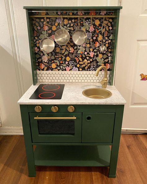 Ikea Play Kitchen Green, Play Kitchen Colorful, Wooden Toy Kitchen Makeover, Retro Play Kitchen Makeover, Refurbished Play Kitchen, Play Kitchen Paint Ideas, Painted Play Kitchen, Spisig Play Kitchen Makeover, Ikea Spisig Play Kitchen Hack