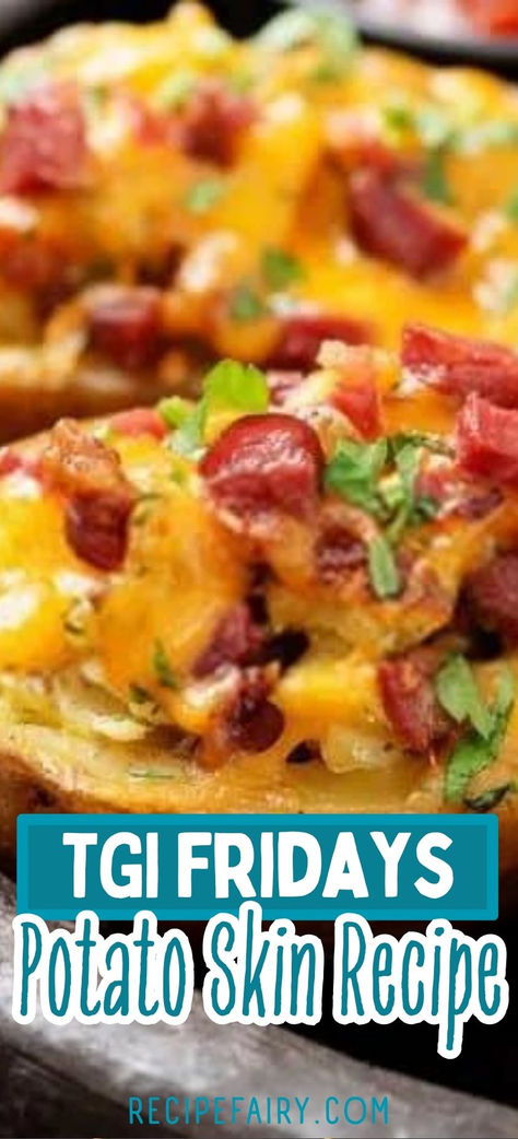 How you can make this irresistible appetizer at home with our easy TGI Fridays Potato Skins Copycat Recipe. Learn how to recreate the crispy, cheesy, bacon-loaded goodness that's perfect for any occasion. Watch our step-by-step guide and enjoy this iconic appetizer in your own kitchen! How To Make Potato Skins Easy, Cheesy Potato Skins, Tgif Potato Skins Recipe, Potato Skin Appetizers, Loaded Potatoes Skins, Best Potato Skins Recipe, Potatoes Skins Recipe, Potato Skin Recipe, Potatoe Skins Recipe Crispy