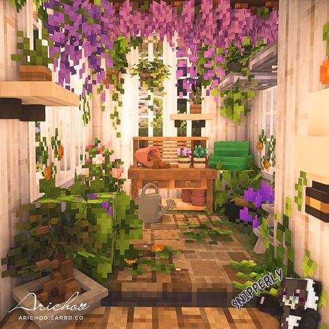 Minecraft Mizuno, Minecraft Greenhouse, Cottage Minecraft, Cottagecore Minecraft, Blossom House, Minecraft Interior, Minecraft Cottage, Cool Minecraft Creations, Greenhouse Interiors