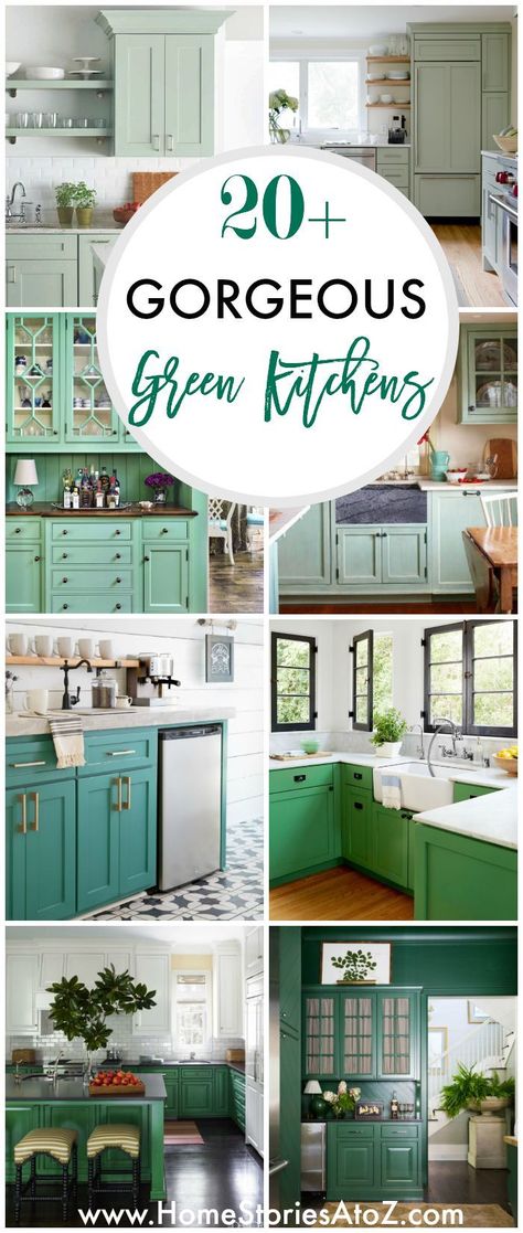 20+ GORGEOUS GREEN KITCHEN CABINET IDEAS All Green Kitchen Cabinets, Green Kitchen Cabinets With White Counters, Green Kitchen Cabinets And Walls, Apple Green Kitchen Ideas, Light Green Kitchen Cabinets French Country, Kitchen Cabinet Color Ideas Two Tone Green, Green Kitchen Cabinets With Tin Backsplash, Galley Kitchen Green Cabinets, Green Cabinet Backsplash Ideas