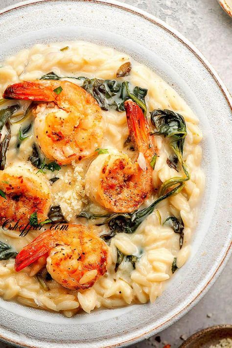 One Pan Shrimp Scampi with Orzo - Chefjar Creamy Shrimp Orzo With Spinach, Shrimp Orzo Pasta Recipes, Cajun Shrimp Orzo, Shrimp Scampi With Vegetables, Creamy Shrimp Orzo Recipes, Shrimp Scampi Orzo, Shrimp Spinach Orzo Recipe, Shrimp Orzo Recipes Healthy, Frozen Cooked Shrimp Recipes Easy