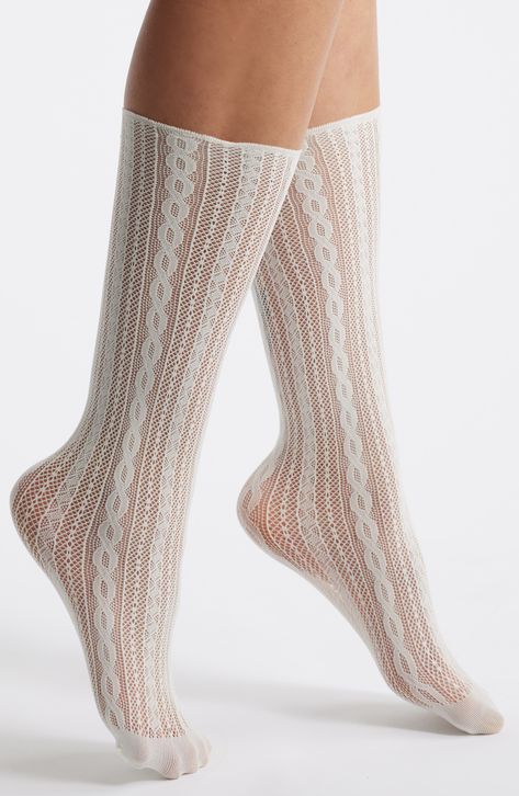 A lacy knit gives sheer softness to these stretchy cotton-blend crew socks. Cotton/polyamide/elastane Machine wash, tumble dry Imported Socks Cotton, Lace Knitting, Tumble Dryer, Crew Socks, Cotton Blend, Nordstrom, Socks, Knitting, Lace