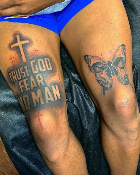 Cool Tattoos For Guys Legs Men, Leg Tattoos For Guys Ideas, Leg Tattoo Men With Meaning, Tattoo Designs For Legs Men, Men Tattoo Leg Ideas, God Leg Tattoo Men, Cross Knee Tattoo, Men’s Leg Tats, Front Leg Tattoo Men Lower