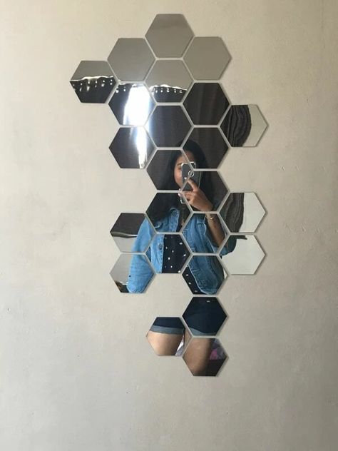 Honey Comb Mirror Wall Decor Ideas, Hexagon Mirror Design, Hexagon Mirror Wall Decor Ideas, Hexagon Mirror Wall Decor Pattern, Hexagon Mirror Wall Decor Bedroom, Honeycomb Mirror Wall Decor, Decorative Mirrors Wall Living Room, Mirror Sticker Wall Decor, Mirror Design Wall Bedroom Ideas