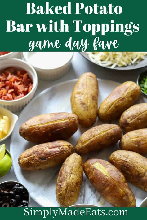 Baked potatoes with tons of toppings. Baked Potato Bar For A Crowd, Potato Bar Ideas Toppings, Baked Potato Bar Toppings, Potato Bar Toppings, Chili Potato, Jack Potato, Baked Potato Bar, Potato Bar, The Best Game