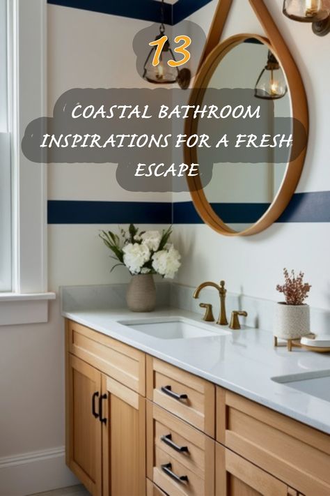 I absolutely love how this coastal bathroom design blends natural elements with modern touches. The beautiful wooden cabinetry paired with the crisp, white countertops creates a serene atmosphere. The navy stripes add a chic depth to the walls, while the round mirror complements the whole look perfectly. If you're dreaming of a fresh escape in your own home, this inspiration is a must-see! Round Wooden Mirror Bathroom, Organic Coastal Bathroom, Beach House Powder Room, Coastal Bathroom Ideas, Japandi Dining Room, Round Wooden Mirror, Organic Bathroom, Coastal Bathroom Design, Organic Modern Kitchen