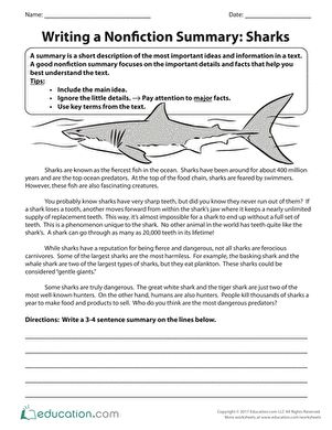 Fifth Grade Reading & Writing Worksheets: Writing a Nonfiction Summary: Sharks Teaching Summary Writing, Nonfiction Summary, Teaching Summarizing, Teaching Summary, Summarizing Nonfiction, 4th Grade Reading Worksheets, Teaching Literary Analysis, Summary Writing, Writing Curriculum