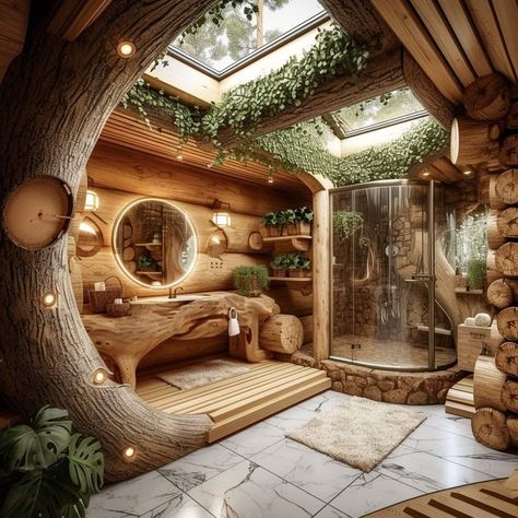 Tree House Bathroom, Magical House Aesthetic, Hobbit Bathroom, Tree House Bed, Fantasy Rooms, Unique House Design, Fantasy Homes, Fantasy House, Dream House Rooms