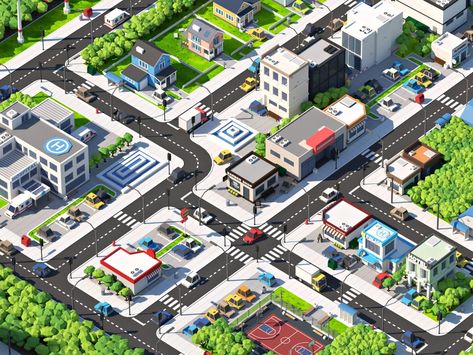 Cartoon City by Svetlana Prilepskaya on Dribbble City Top View Illustration, Isometric City Map, Community Park Design, City Builder Games, Low Poly City, Cartoon Town, City Building Game, Town Games, Cartoon City